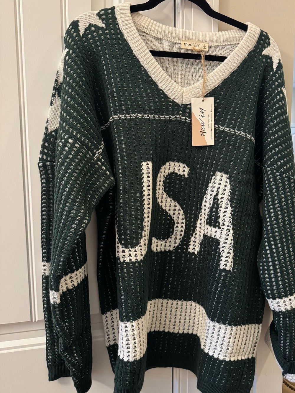 New in Green & Cream USA V-Neck Knit Sweater